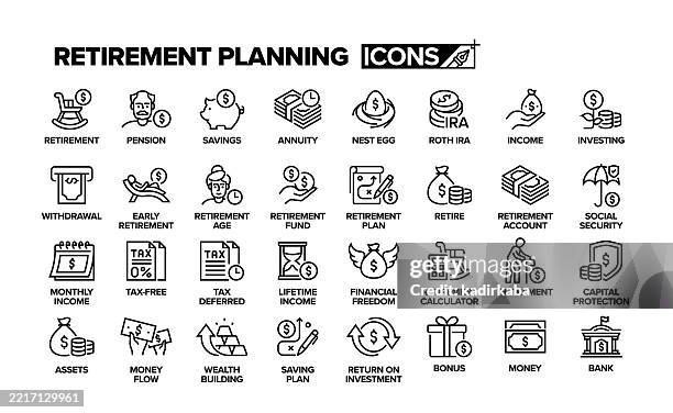ilustraciones, imágenes clip art, dibujos animados e iconos de stock de conjunto de iconos de línea de planificación de la jubilación. grupo de objetos. ahorro, renta vitalicia, ahorro, inversión, jubilación anticipada, plan de jubilación, fondo de jubilación. - libertad financiera