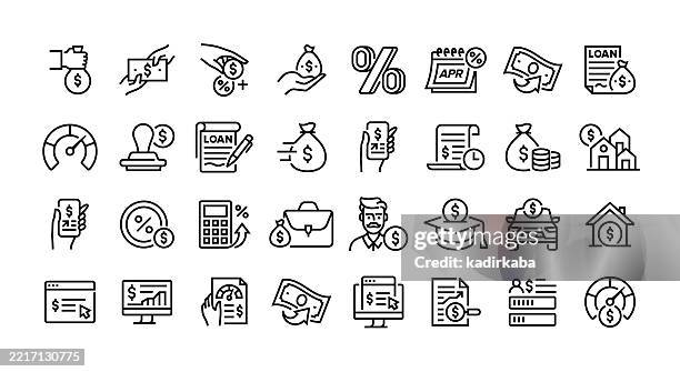 loans line icon set. group of object. banking, borrowing, bank loan, personal loan, car loan, home loan. - borrowing stock illustrations