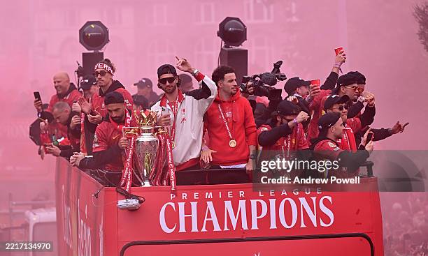 Liverpool players during the Liverpool Premier League Champions parade on May 26, 2025 in Liverpool, England.