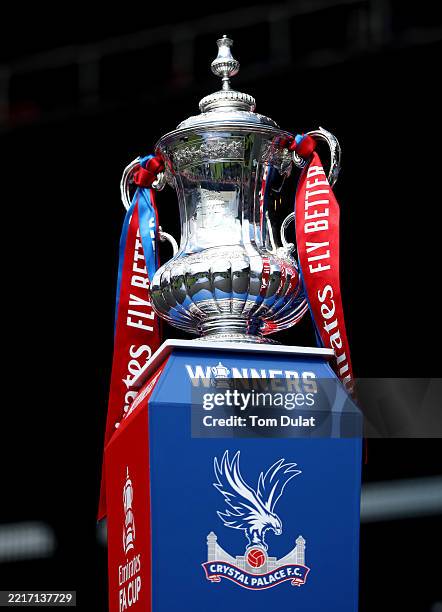 General view of the FA Cup trophy, seen displayed following the trophy parade on May 26, 2025 in London, England. Crystal Palace defeated Manchester...