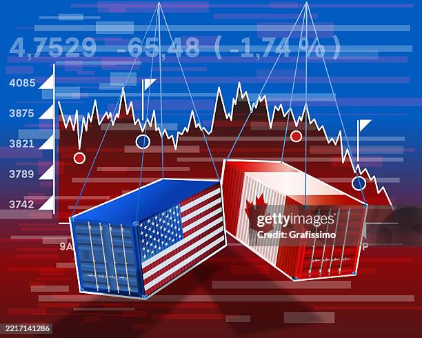 canadian and american cargo container hanging illustrating the economic warfare and trade war - tariff stock illustrations