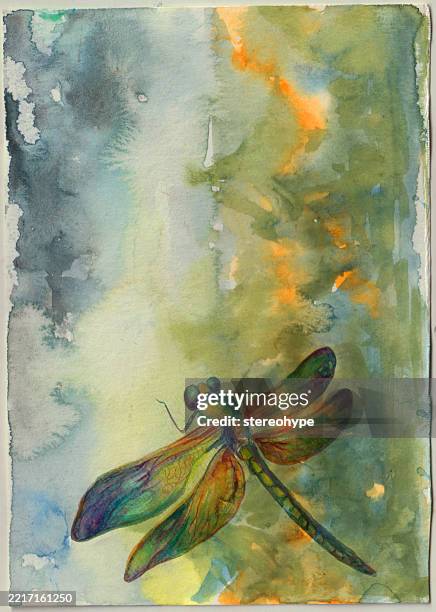 dragonfly postcard - cloudy mountain stock illustrations