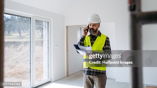 Construction manager making phone call while inspecting progress on building site. Construction manager making phone call while inspecting progress on building site.