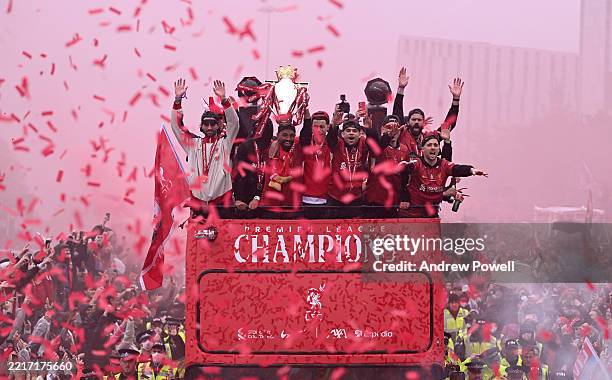 Liverpool players during the Liverpool Premier League Champions parade on May 26, 2025 in Liverpool, England.