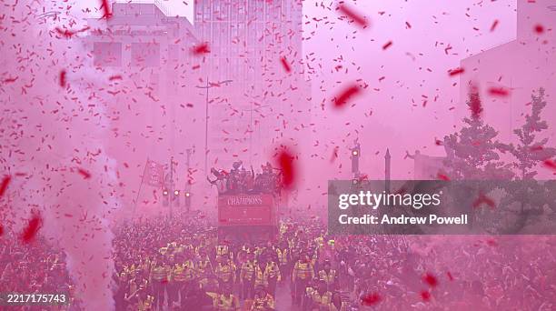Liverpool players during the Liverpool Premier League Champions parade on May 26, 2025 in Liverpool, England.