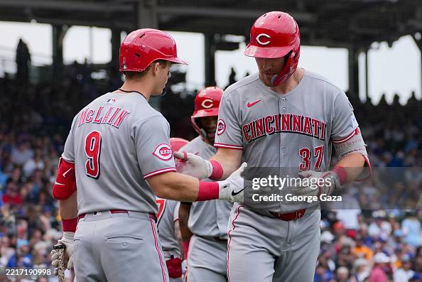 Anthony Stephan Reds Tyler Stephenson of the Cincinnati Reds celebrates with Matt McLain ...