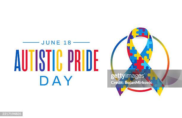 ilustraciones, imágenes clip art, dibujos animados e iconos de stock de tarjeta del día del orgullo autista, pancarta, 18 de junio. vector - autismo