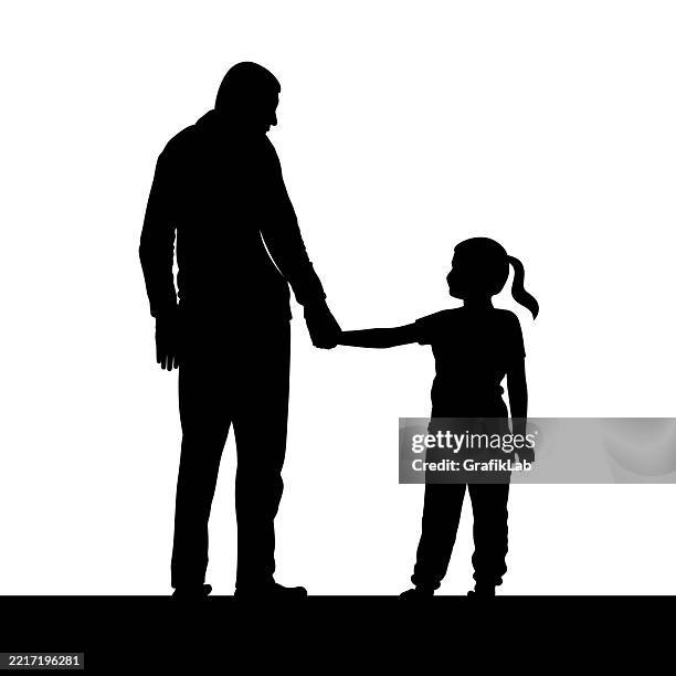 silhouette of father holding hands with daughter on white background - walking side by side stock illustrations