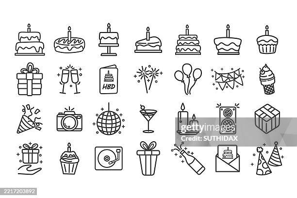 ilustraciones, imágenes clip art, dibujos animados e iconos de stock de nuevo conjunto de iconos con temática de cumpleaños de 32 piezas para 2025 - cumpleaños
