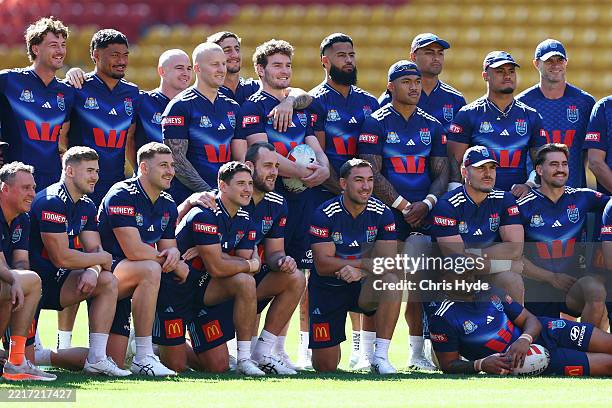 Players pose for a team photograph during the NSW Blues State Of Origin squad Captain's Run at Suncorp Stadium on May 27, 2025 in Brisbane, Australia.