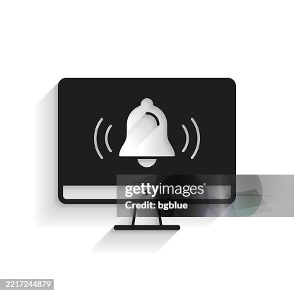 Desktop computer with ringing bell - Notification. Icon with long shadow on white background Desktop computer with ringing bell - Notification. Icon with long shadow on white background
