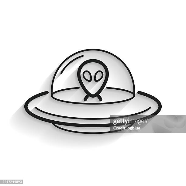 ufo - flying saucer with alien. line icon with long shadow on white background - space shuttle white background stock illustrations