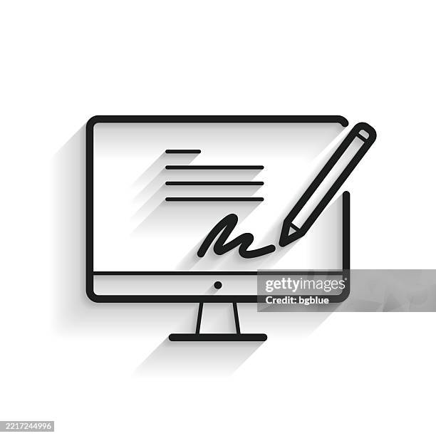 electronic signature on desktop computer. line icon with long shadow on white background - authentication stock illustrations