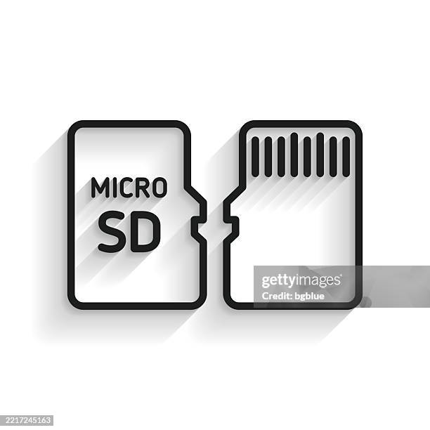 micro sd card - front and back view. line icon with long shadow on white background - phone flash light stock illustrations