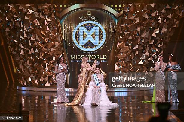 Czech model and Miss World 2024 Krystyna Pyszkova crowns Thailand's Opal Suchata Chuangsri after winning the 72th Miss World 2025 pageant at the...