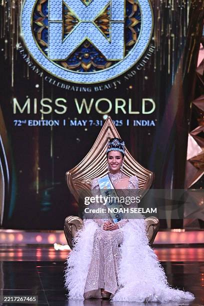Thailand's Opal Suchata Chuangsri celebrates after winning the 72th Miss World 2025 pageant at the HITEX Exhibition Centre in Hyderabad on May 31,...