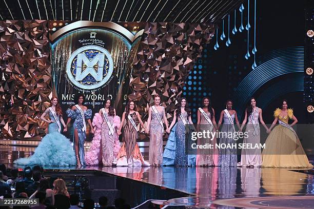 Participants take part in the grand finale of the 72th Miss World 2025 pageant at the HITEX Exhibition Centre in Hyderabad on May 31, 2025.
