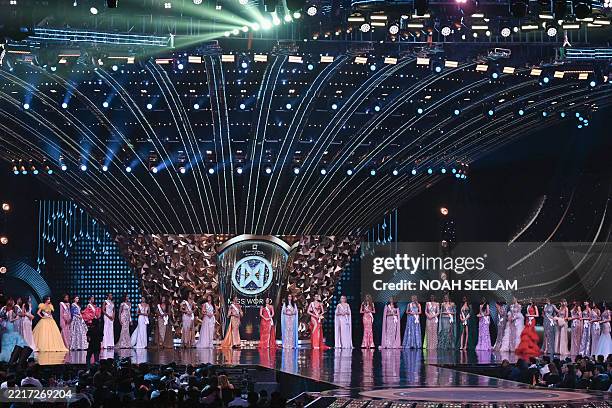 Participants take part in the grand finale of the 72th Miss World 2025 pageant at the HITEX Exhibition Centre in Hyderabad on May 31, 2025.