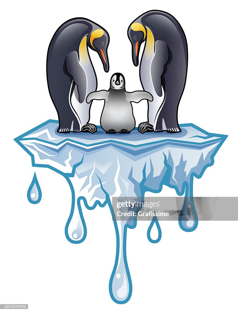 Couple of Antarctica King penguin with chick or fledgling standing on melting Iceberg illustration