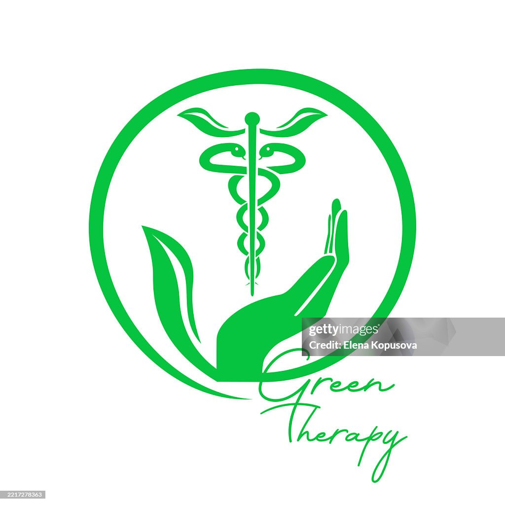 Conceito de medicina alternativa em estilo plano. Mão segurando vaso de caduceu com folhas naturais. Ícone de terapia em fundo branco isolado.