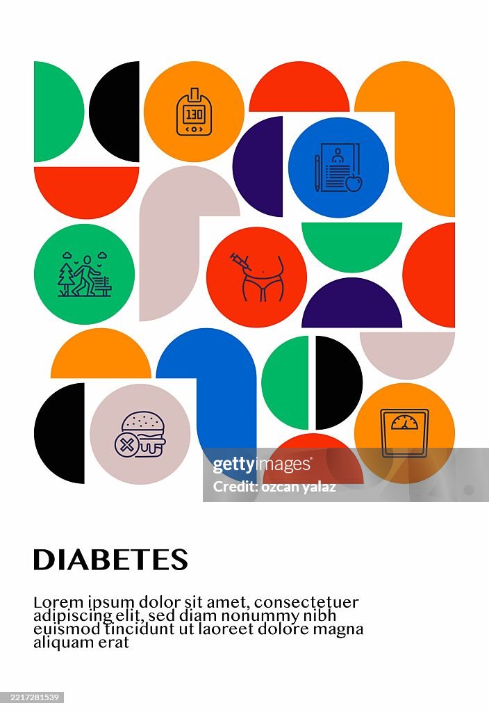 Diabetes Related Infographic Design with Line Icons. Simple Outline Symbol Icons.
