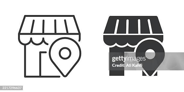 store location thin line and glyph solid icon. editable stroke and perfect pixel isolated on transparent background - petrol station shop stock illustrations