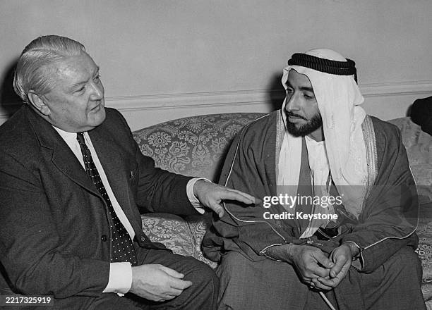 Emirati royal and politician Sheikh Zayed bin Sultan Al Nahyan is interviewed during his first visit to London, England, 6th October 1955. Zayed also...