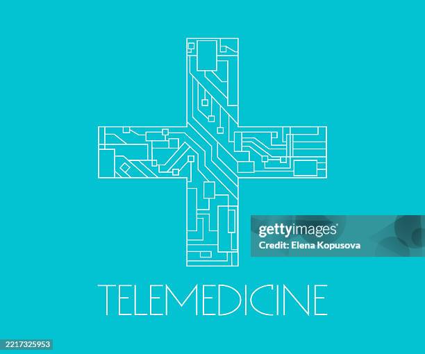 telemedizin, medizin der zukunft in modernem stil. lineares medizinisches kreuz mit mikroschaltkreisen auf einem farbenfrohen abstrakten hintergrund. medizinische vektorvorlage mit kopierraum. - nanomedizin stock-grafiken, -clipart, -cartoons und -symbole