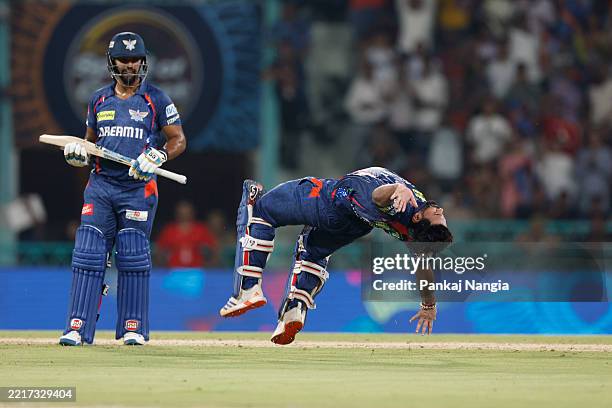 Rishabh Pant of Lucknow Super Giants celebrates after scoring a hundred during the 2025 IPL match between Lucknow Super Giants and Royal Challengers...