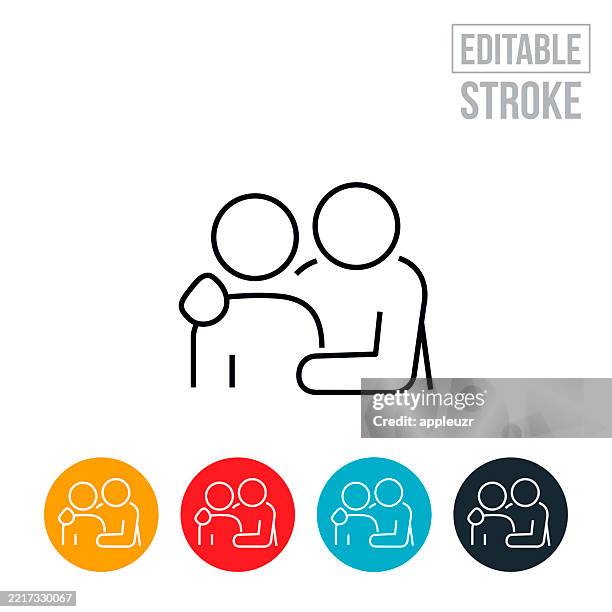 übergeordnetes element mit arm um untergeordnetes symbol für dünne linie - bearbeitbarer strich - arm umlegen stock-grafiken, -clipart, -cartoons und -symbole