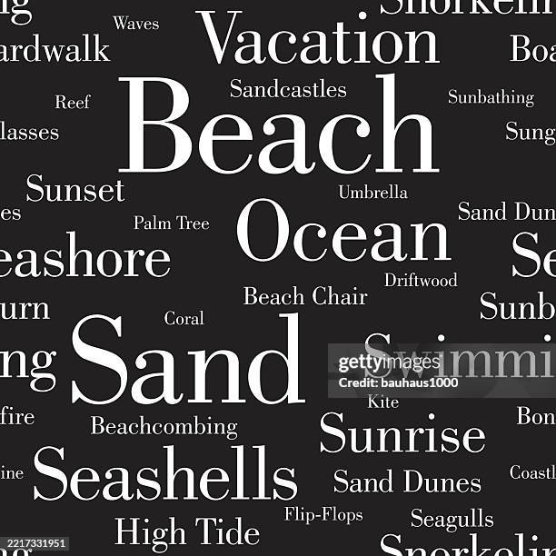 black and white beach seamless pattern with vacation lettering - beach boardwalk stock illustrations