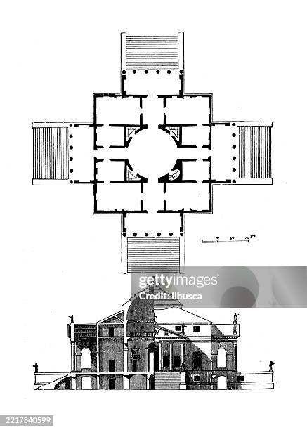 architecture, italian: villa capra - andrea palladio stock illustrations