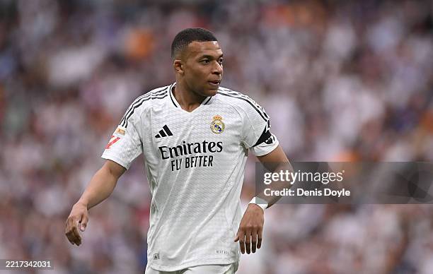 Kylian Mbappe of Real Madrid looks on during the LaLiga match between Real Madrid CF and Real Sociedad at Estadio Santiago Bernabeu on May 24, 2025...