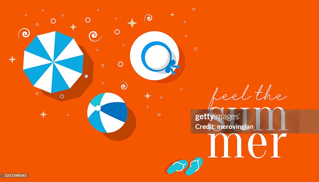 Summer beach accessories on orange background. Top view