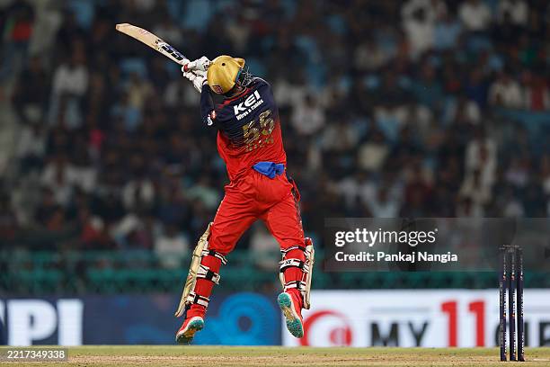 Jitesh Sharma of Royal Challengers Bengaluru play a shot during the 2025 IPL match between Lucknow Super Giants and Royal Challengers Bengaluru at...