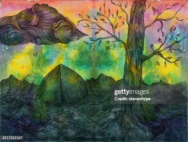 camping in the outer space - fireflies forest stock illustrations