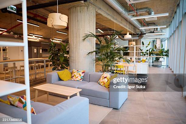 modern coworking space with relaxing sofas and plants creating a comfortable environment - flexplekken stockfoto's en -beelden