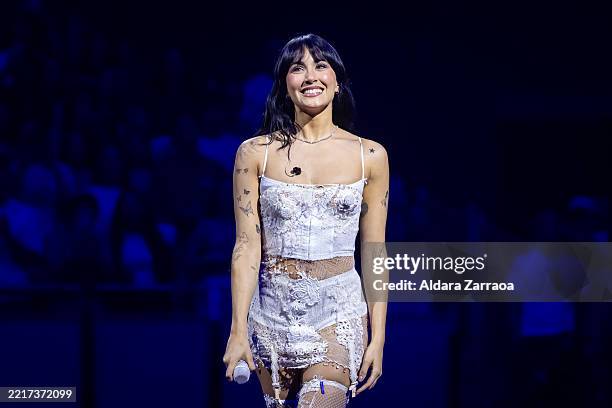 Aitana speaks during the "Listening Party" at Movistar Arena on May 27, 2025 in Madrid, Spain.