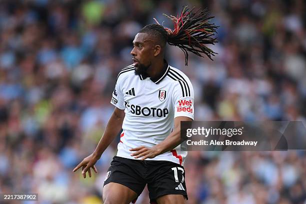 Alex Iwobi of Fulham in action during the Premier League match between Fulham FC and Manchester City FC at Craven Cottage on May 25, 2025 in London,...