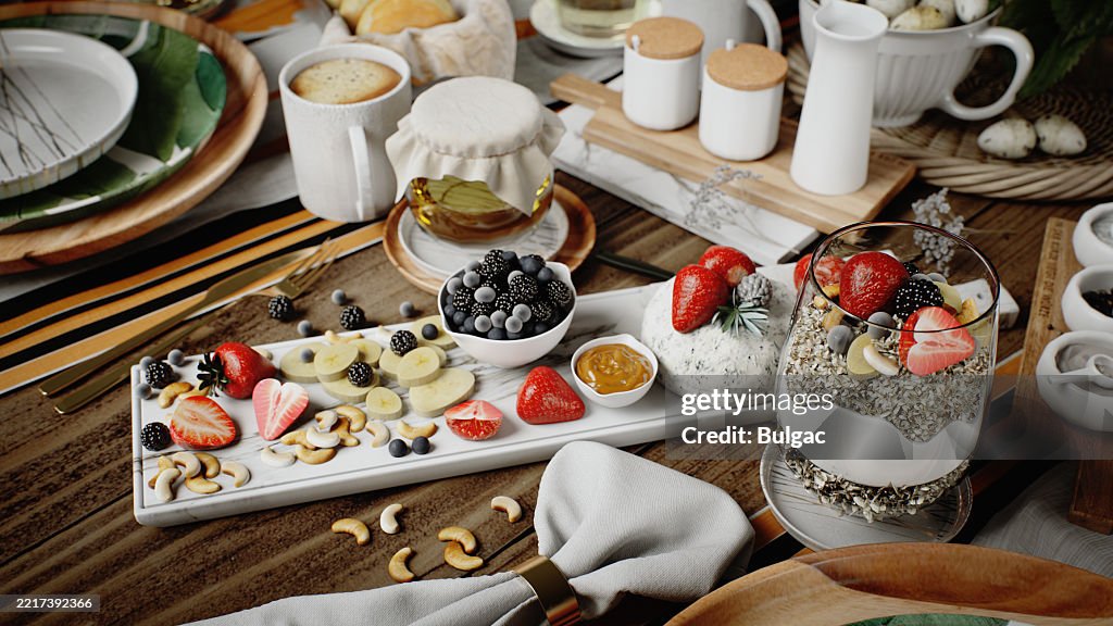 Breakfast Table with Fresh Fruits, Yogurt Parfait, and Gourmet Delicacies