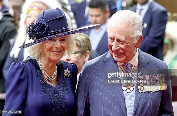 King Charles III and Queen Camilla in the Senate Chamber for the State Opening of Parliament during an official visit to Canada on May 27, 2025 in...
