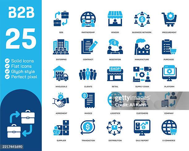 illustrazioni stock, clip art, cartoni animati e icone di tendenza di icone solide dei glifi b2b. contenente marketing, affari, vendita al dettaglio, vendita, prodotto, collezione di icone solide della catena di approvvigionamento. illustrazione vettoriale. pixel perfetto su sfondo bianco pulito - domanda e offerta