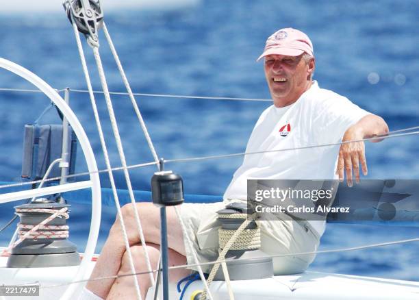 King Harald of Norway during the first day of 22 Edition of Sailing Trophy "Copa del Rey" July 28, 2003 at the Club Nautico in Palma de Mallorca,...