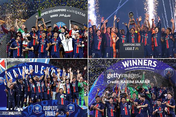 This combination of photos created on June 1 shows Paris Saint-Germain's Brazilian defender Marquinhos raising trophies as he celebrates with...