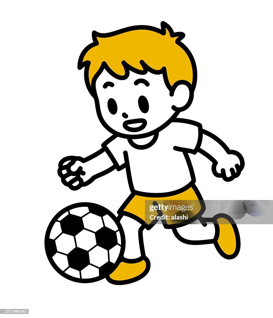 A cute boy is playing soccer happily, dribbling the soccer ball. Black outline with flat colors, minimalist style