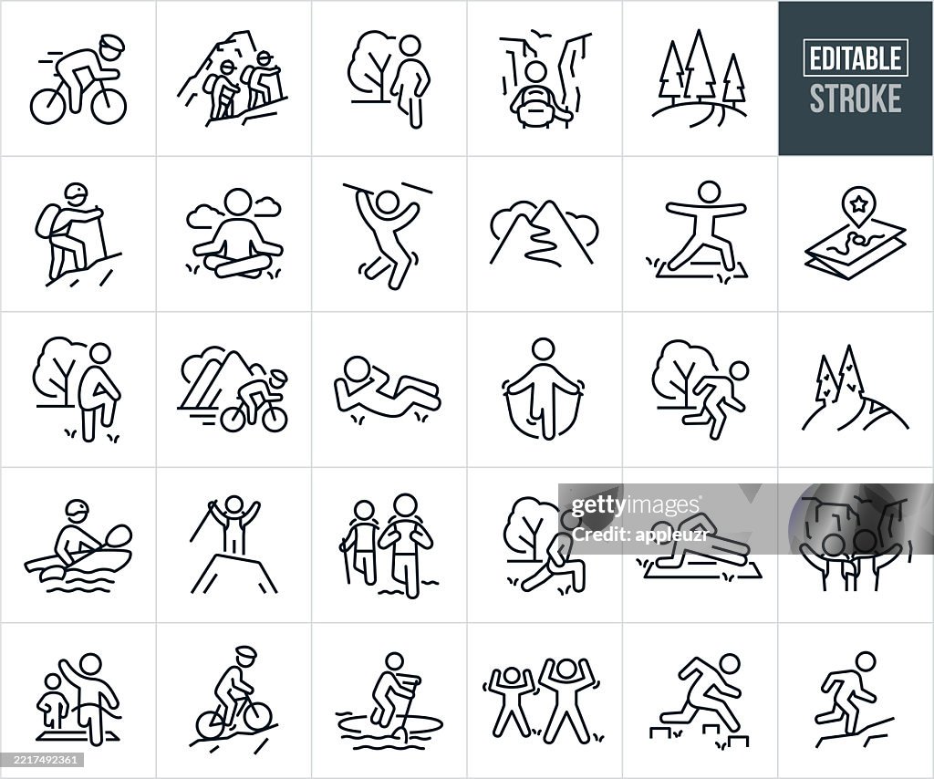 Ejercicio al aire libre Iconos de línea delgada - Trazo editable - Los iconos incluyen persona Ciclismo, senderismo, caminata, montañismo, meditación, carrera de obstáculos, yoga, ejercicio al aire libre, estiramientos, salto de cuerda, correr, ciclism