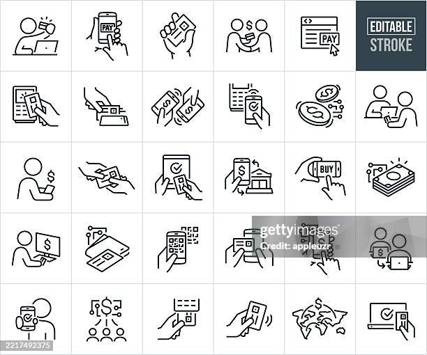 illustrazioni stock, clip art, cartoni animati e icone di tendenza di icone della linea sottile di pagamento digitale ed elettronico - tratto modificabile - le icone includono il pagamento elettronico, acquirente che utilizza la carta di credito per fare acquisti online, persona che utilizza il telefono per acquistare online - pagamento senza contatto