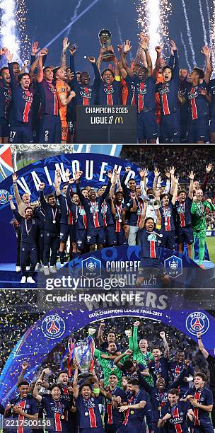 This combination of photos created on June 1 shows Paris Saint-Germain's Brazilian defender Marquinhos raising trophies as he celebrates with...