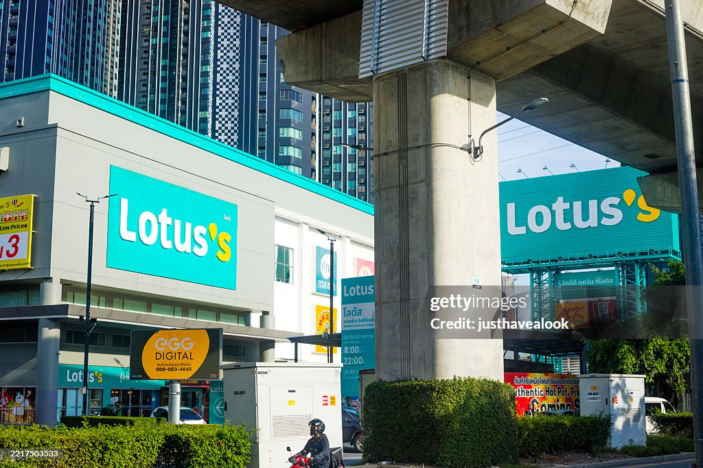 Lotus supermarket in Bangkok skyline behind BTS skytrain
