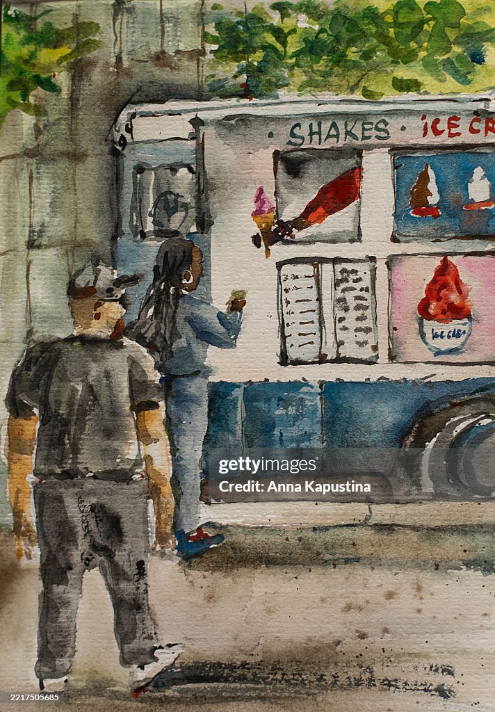 Watercolor Street Scene with Ice Cream Truck and People